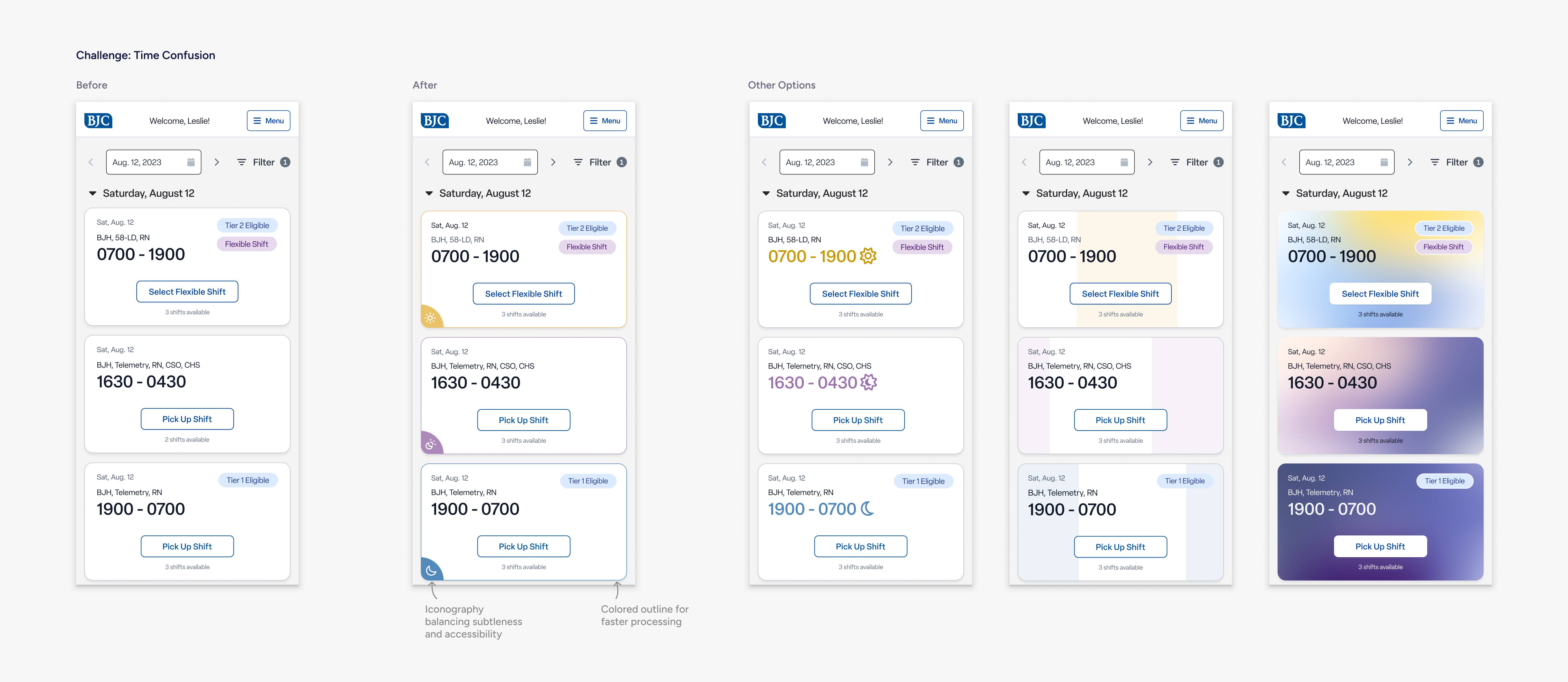 Iterations of shift card designs to improve day vs. night shift visibility