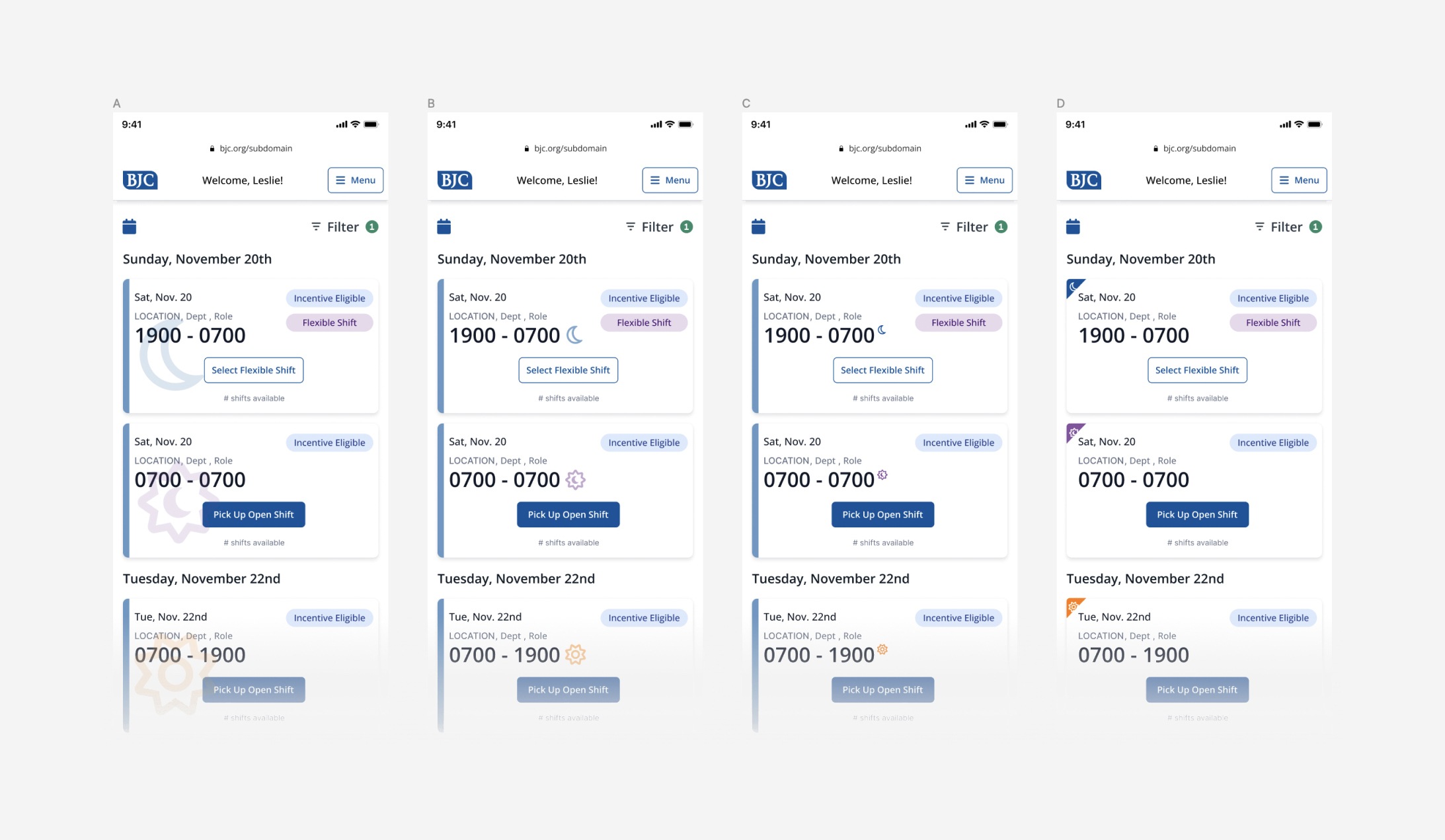 Experimenting with UIs that help nurses identify day shifts from night shifts faster.