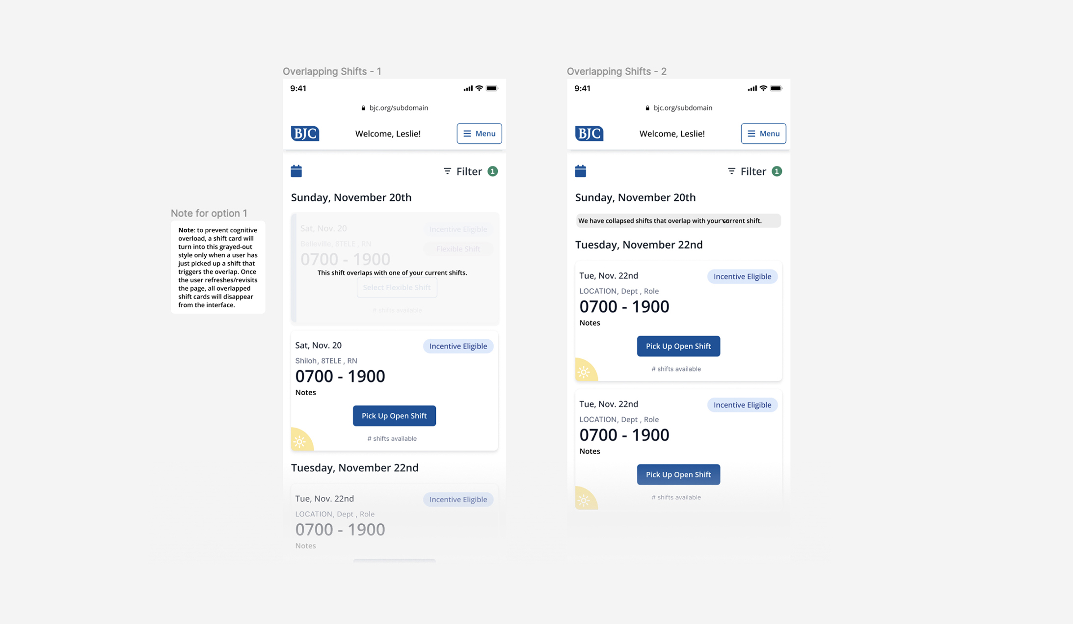 Experimenting with UIs that prevent nurses from picking up shifts that overlap with ones they already have.